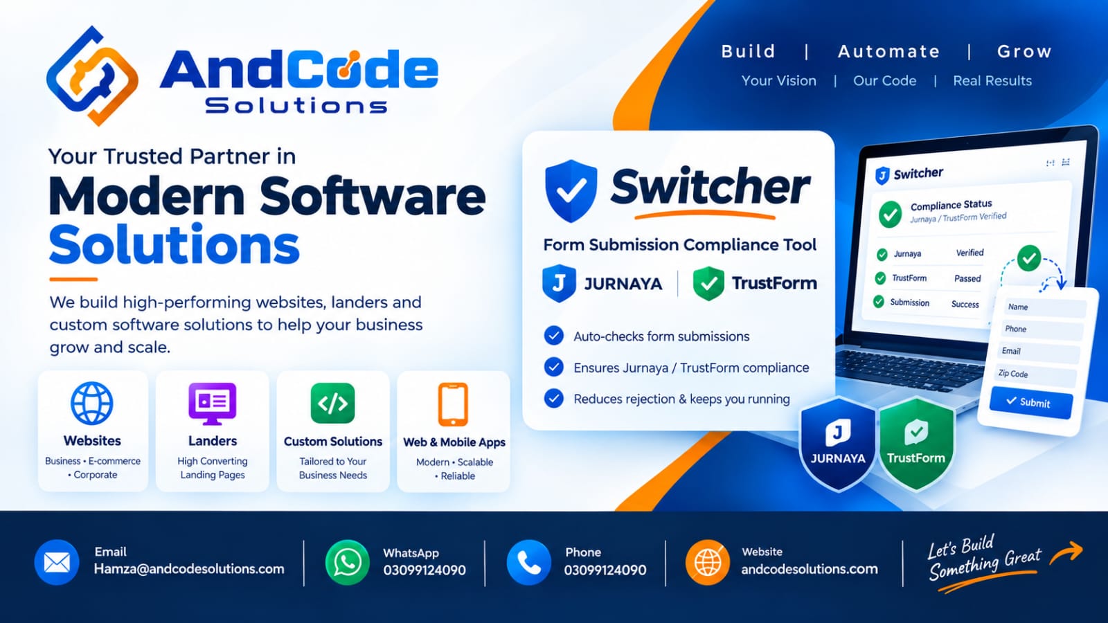 AndCode Solutions promotional graphic introducing Switcher and its Jurnaya and TrustedForm workflow