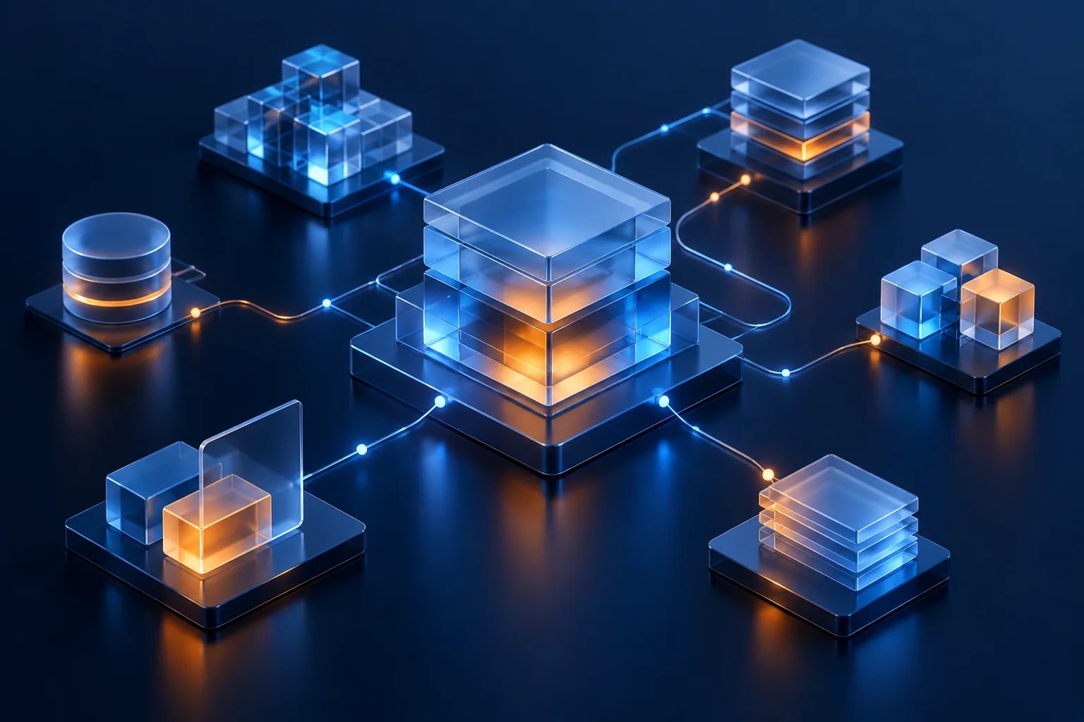 Blue and orange connected modules illustrating an automated business workflow