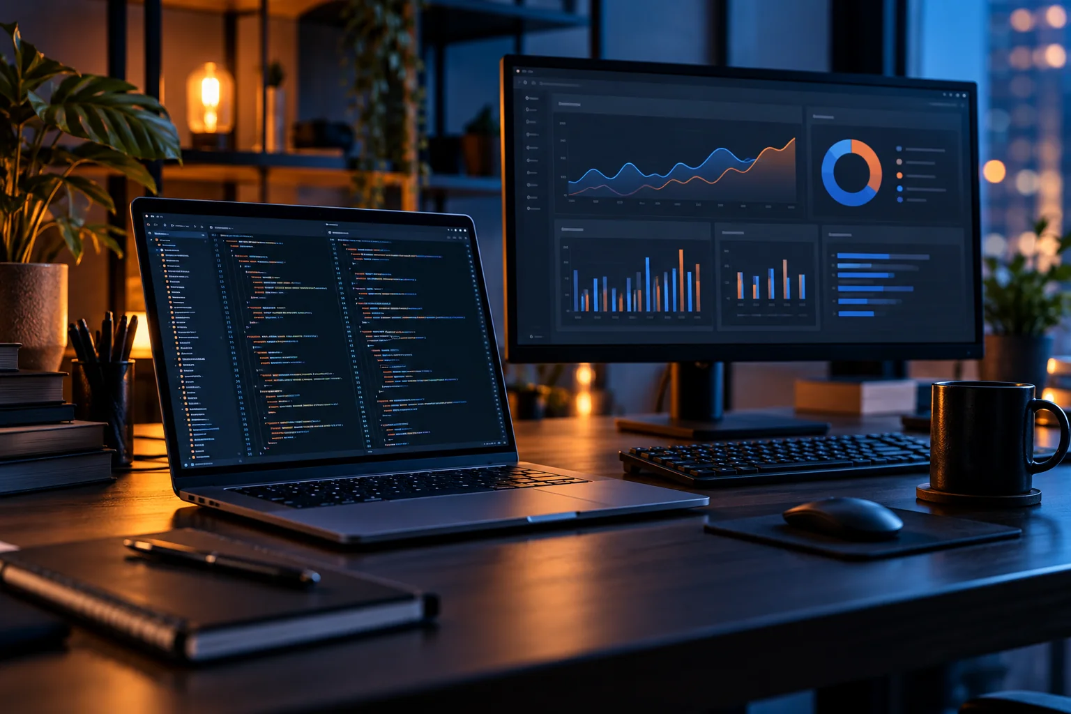 Illustrative web development workspace with a laptop and dashboard monitor